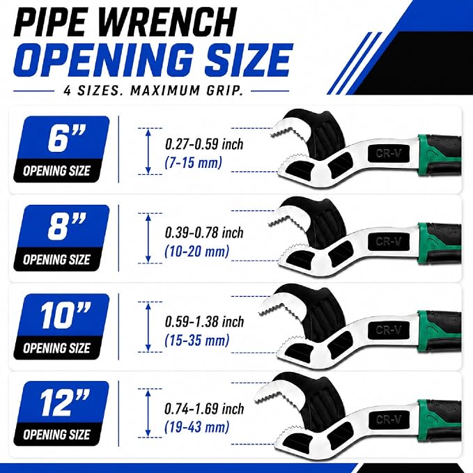 4-Piece Self-Adjusting Pipe Wrench Set with Case, 6, 8, 10 and 12 Inch CR-V Steel Self-Locking Plumbing Wrenches, 0.28-1.38 Inch (7-35 mm) Jaw Capacity for Pipes, Fittings and Nuts
