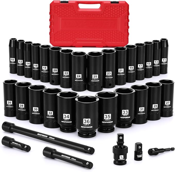 MIXPOWER 33 PCS 1/2” Drive Impact Socket Set, 10 to 36mm Deep Socket, 6-Point Hex Socket with Portable Case,Metric,CR-V&CR-MO Steel