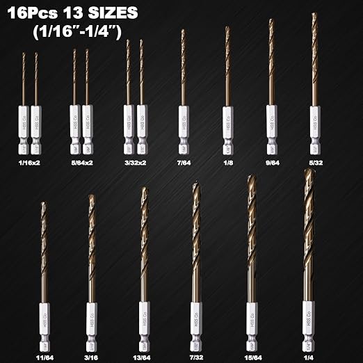 Hex Shank Cobalt Drill Bit Set 16Pcs 1/16"-1/4", M35 HSS Impact Driver Drill Bits for Metal and Hardened Steel, with Indexed Storage Case