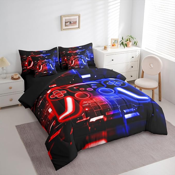 Gamer Bed in a Bag King Size Comforter Set 7 Pieces, Gaming Bedding Sets Neon Lights Video Game Console Comforter and Sheet Set, Red Blue Brick Cube Room Decor,Gaming Room Decor for Boys
