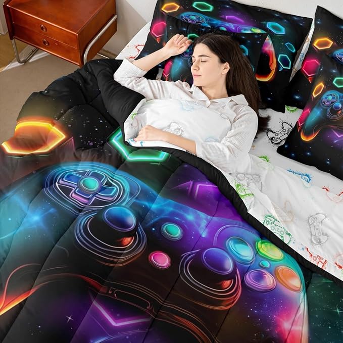 Game Consoles Gamer Bedding Set King Bed in a Bag 7 Piece Gamer Gifts,Gaming Comforter Sets for Boys Space Glow Geometric Kids Comforter Sets Boys Red Green Blue Teal,Gamer Room Decor for