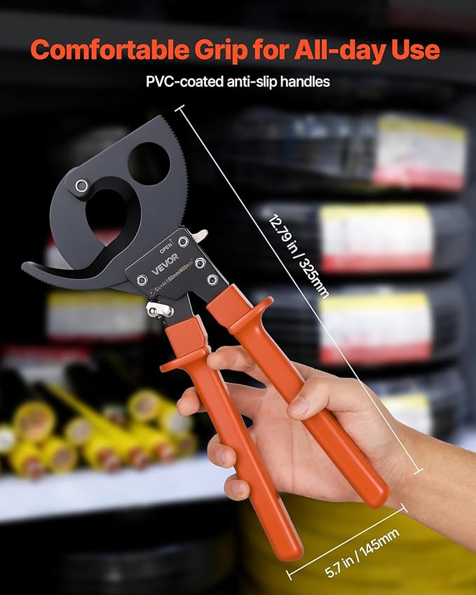 VEVOR Ratcheting Cable Cutter, Spring Steel Blades with PVC-Coated Handles, Quick-Release Button, Heavy Duty Ratchet Cable Wire Cutter for Cutting Copper & Aluminum Cables Up to 800 MCM / 400 mm²
