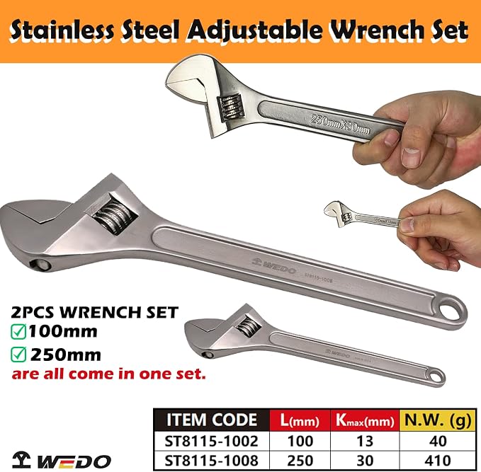 WEDO 2PCS Adjustable Wrench Set 4",10",Stainless Steel | Wide Jaw Spanner,Professional Spanner,Precision Jaws,Corrosion Resistant,For Automotive,Home and Plumbing Repairs