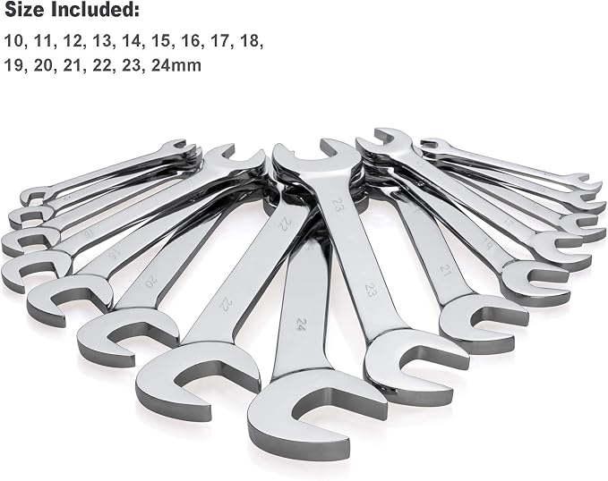 15-Piece Premium Angle Head Open End Wrench Set, Chrome Vanadium Steel, Mirror Chrome Finish | Include Metric Sizes 10, 11, 12, 13, 14, 15, 16, 17, 18, 19, 20, 21, 22, 23, 24mm with Storage Rack