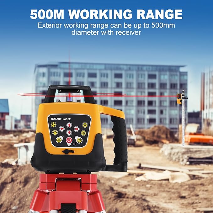 Rotary Laser Level Kit, 360 Degree Automatic Self Leveling Red Beam Horizontal Laser Transit, with Aluminum Tripod & Grade Rod, 500m Working Range for Construction & Building