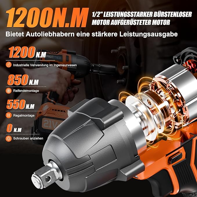 Cordless Impact Wrench, 900Ft-lbs (1200N.m) 1/2" Brushless Impact Gun, 21V High Torque Power Impact Driver, 2x4.0Ah Batteries Electric Impact Motor Variable Speeds for Car/Pickup Truck/Mower