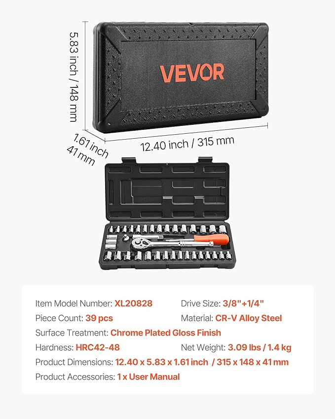 VEVOR Socket Set, 39 Pieces, 3/8 & 1/4 inch Drive Socket and Ratchet Set, SAE and Metric Size, Mechanic Tool Kit with Ratchet Wrench, Accessories, Storage Case, CR-V Alloy Steel, for Automotive Repair | CR-V Mechanic Tool Set with Ratchet Wrench, Acces...
