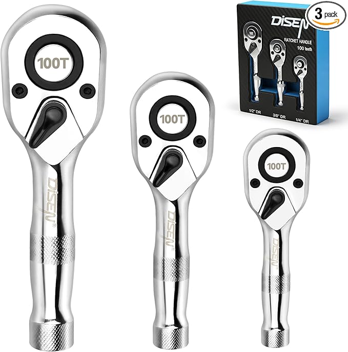 DISEN 3-Piece Stubby Ratchet Set – 1/4", 3/8", 1/2" Drive | 100-Tooth Ratchet with EVA Storage Tray | Quick Release Button | Non-Slip Grip | Reversible 3.6° Design for Tight Spaces, Chrome Finish