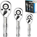 DISEN 3-Piece Stubby Ratchet Set – 1/4", 3/8", 1/2" Drive | 100-Tooth Ratchet with EVA Storage Tray | Quick Release Button | Non-Slip Grip | Reversible 3.6° Design for Tight Spaces, Chrome Finish