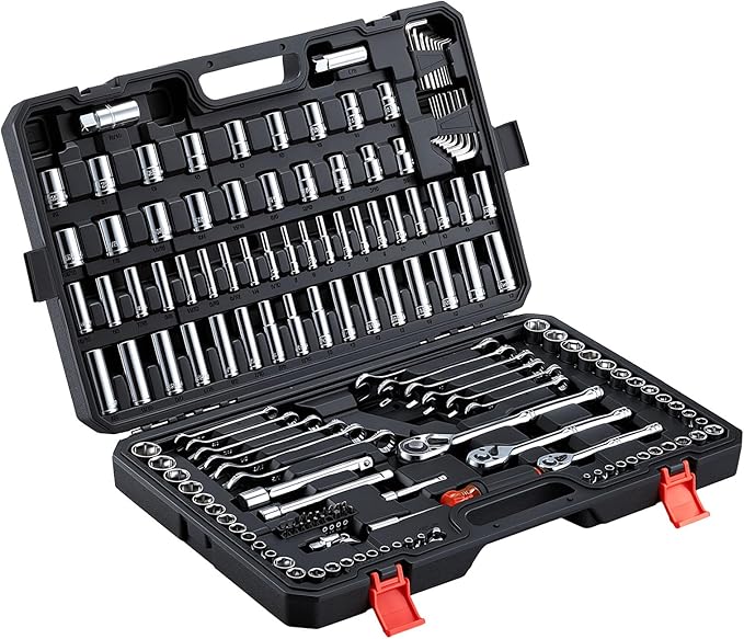 VEVOR Mechanics Tool Set, 159-Piece Mechanic Tool Kit, 1/4 in, 3/8 in, and 1/2 in Drive, SAE and Metric Socket Set, Wrenches, Screwdriver Bits, Accessories, and Storage Case, for Automotive Repair