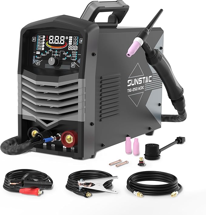 Sunstac 250A AC/DC Aluminum TIG Welder with Pulse, 110V/220V Dual Voltage TIG Welding Machine with DC TIG/AC TIG/Pulse TIG/SPOT TIG/Stick