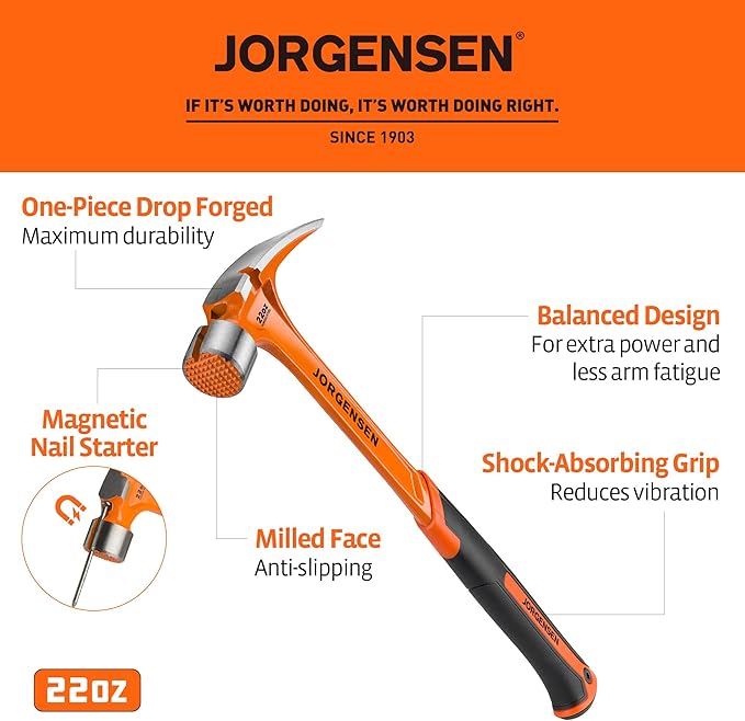 Jorgensen 22 oz Framing Hammer, Straight Claw Hammer with Magnetic Nail Holder, Rip Claw Hammer with Milled Face, Side Nail Puller, Shock Absorbing Grip, Heavy Duty One-piece Forged Hammer
