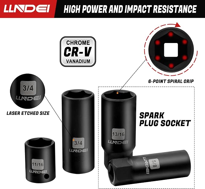 LLNDEI 3/8" Drive Impact Socket Set 95Pcs SAE/Metric | 5/16-3/4" & 8-22mm, Deep/Shallow Kit, Adapters, Ratchet, Bits, Spark Plug Socket, 6-Point, for Auto Repair, Garage & Home DIY