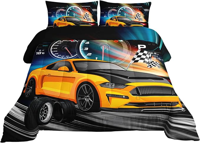Axolotl Race Car Bedding Set Queen Size, Boys Extreme Sports Comforter Set for Kids, Yellow Cool Car Racing Gifts, Sports Quilt Set With 1 Comforter and 2 Pillowcases