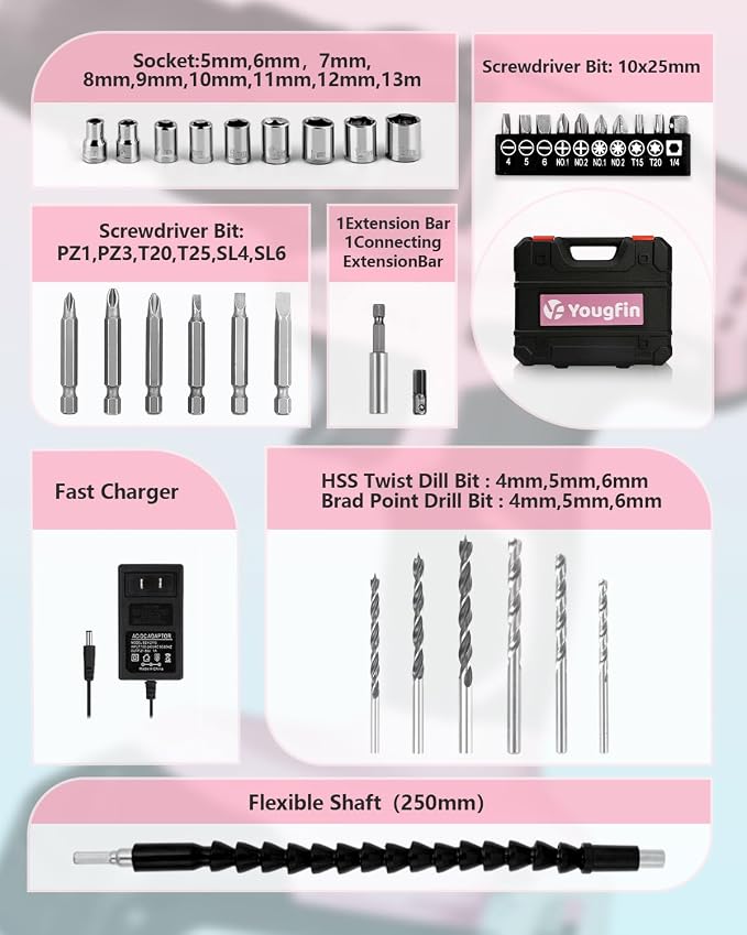 Cordless Drill Driver Set 20V Power with Battery Charger and Carrying Case, 25+1 Torque Electric Drill, Variable Speed, 266 In-lb, 3/8'' Keyless Chuck, 34pcs Driver Bit, for Women, Pink
