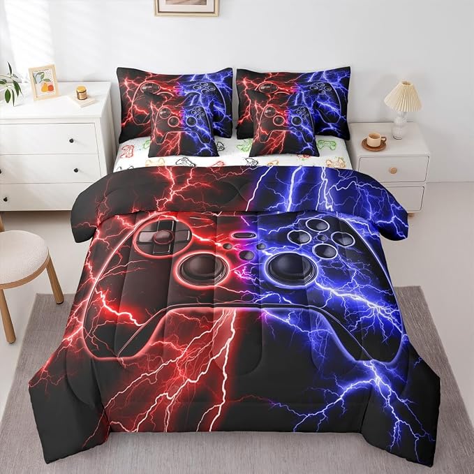 Erosebridal Gaming Bed in a Bag Queen Comforter Set 7-Piece, Gamer Bedding Sets Video Game Consoles Comforter and Sheet Set, Red Blue Lightning Room Decor,Gaming Decor for Boys Bedroom