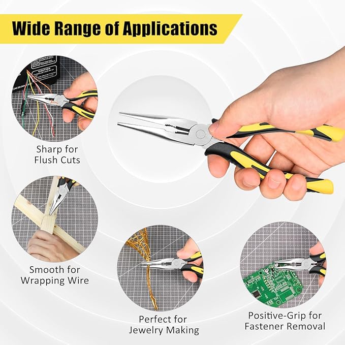 Premium Long Needle Nose Pliers-8’’, Paper Clamp Precision, High Carbon Steel, Soft Grip with Wire Cutter, Long Nose Cutting Pliers for Home, Fishing, Jewelry, Crafts,2pcs