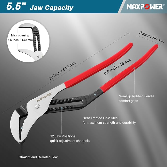 MAXPOWER 20 inch Groove Joint Pliers, 5.5 inch Max Opening | Straight Jaw Locks Pliers
