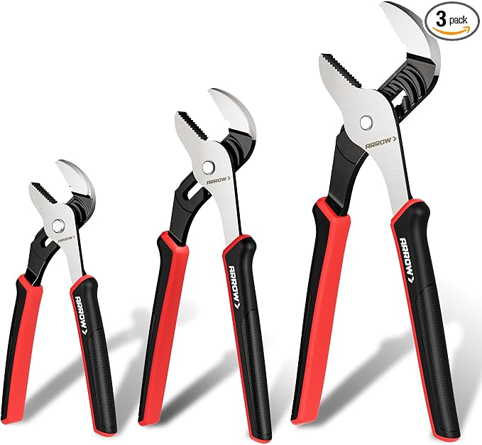 ARROW 3-Piece Groove Joint Pliers, 8", 10" & 12" Adjustable Water Pump Pliers with TPR Handle, High Carbon Steel Tongue and Groove Plier for Plumbing, Automotive and Household Repairs