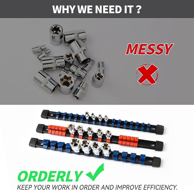 Reniteco 18-Pack Socket Organizer Set, 1/4" x 96 3/8" x 90 1/2" x 72 Clips | 258 Clip Capacity, Havy-Duty ABS Socket Rails, Removable Clips, Drive Socket Storage, Toolbox Drawer or Wall Mount