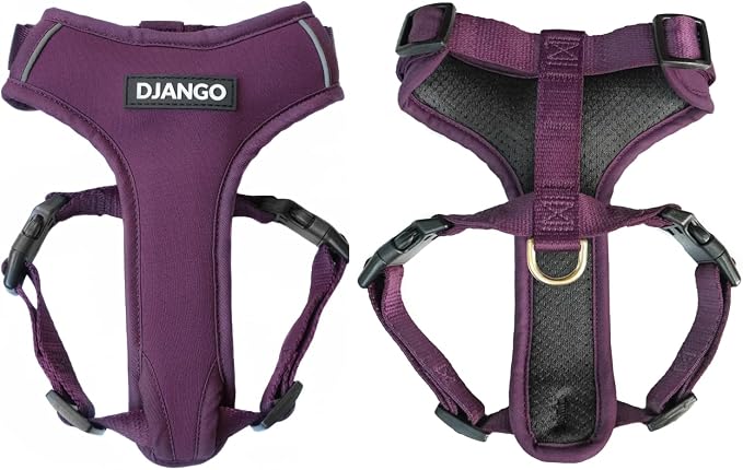 Adventure Dog Harness - Stylish, and Durable Medium Dog Harness for Outdoor Adventures and Everyday Wear - Plum Purple Neoprene Adjustable Harness for Dogs with Reflective Piping, Brass D-Ring