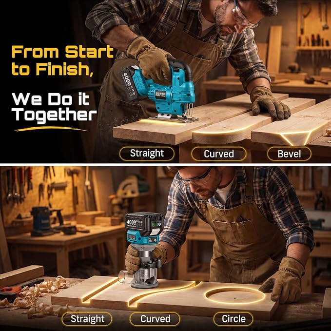SEESII Cordless Jigsaw and Wood Router Tool Combo Kit | with Batteries and Charger, Brushless Aluminum Palm Router, 0-45° Bevel Jig Saw, Adjustable Speed for Cutting & Trimming