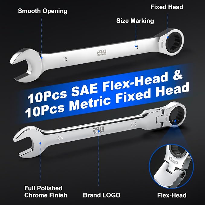 Prostormer 20-Piece Ratcheting Combination Wrench Set | 10Pcs SAE Flex-Head 1/4" to 3/4" & 10Pcs Metric Fixed Head 6-18mm, 72-Tooth, Cr-V Steel, Organizer Pouch