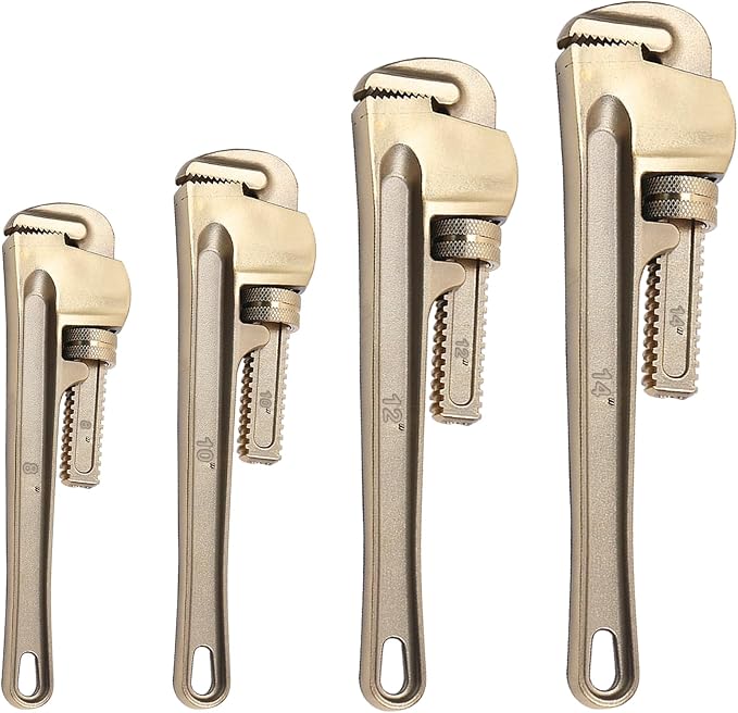 WEDO Non-Sparking Pipe Wrench Set, 8" 10" 12" 14",4PCS Spark-Free Straight Plumbing Wrench Set, No Spark Safety Adjustable Spanner, Aluminum Bronze,Corrosion Resistant,DIN/BAM/FM Standard