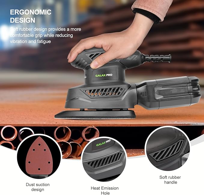 GALAX PRO Detail Sander, 1.1A Powerful Motor, 13000 OPM Compact Electric Sander with 20Pcs Sandpapers and Dust box, Soft Grip Handle for Comfortable Woodworking