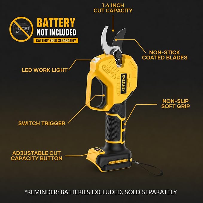 Electric Pruning Shears for DeWalt 20V Max Battery, Brushless Cordless Branch Cutter Pruner with 1.4 inch Cut Capacity for Tree trimming, Shrubs, Gardening - 1 YEAR WARRANTY