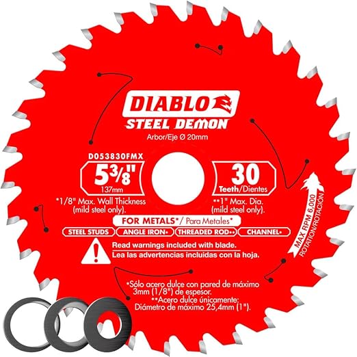 Diablo Steel Demon Carbide Saw Blade for Medium Metal - 5-3/8" x 30-Teeth, 20mm Arbor, .059" Kerf, 2° Hook Angle, .039" Plate, 6000 Max RPM - D053830FMX