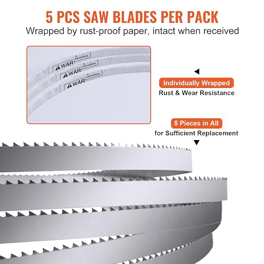 VEVOR Band Saw Blade, 65x0.6x0.02 inch, 5 PCS/Pack Meat Bandsaw Blades for Replacement, 65Mn Carbon Steel Blade, 3 TPI Meat Cutting Blade Wrapped by Rust-Proof Paper, for Commercial Bone Saw Machines