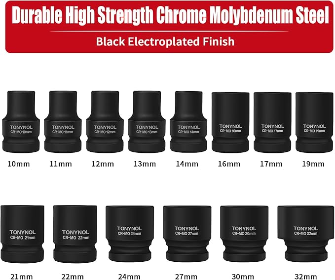 TONYNOL 1/2" Shallow Drive Impact Socket Set,6‑Point,Metric 10mm‑32mm,14Pcs | Cr-Mo Steel,With a Storage Case