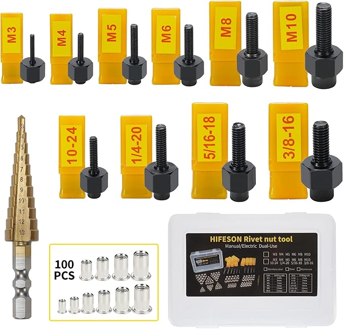 Rivet Nut Tool Hand Nuts Riveter Rivnut Tool Metric and SAE with Step Drill Accessory for Stainless Steel Nuts M3 M4 M5 M6 M8 M10 10-24 1/4-20 5/16-18 3/8-16 (Stainless_Steel)