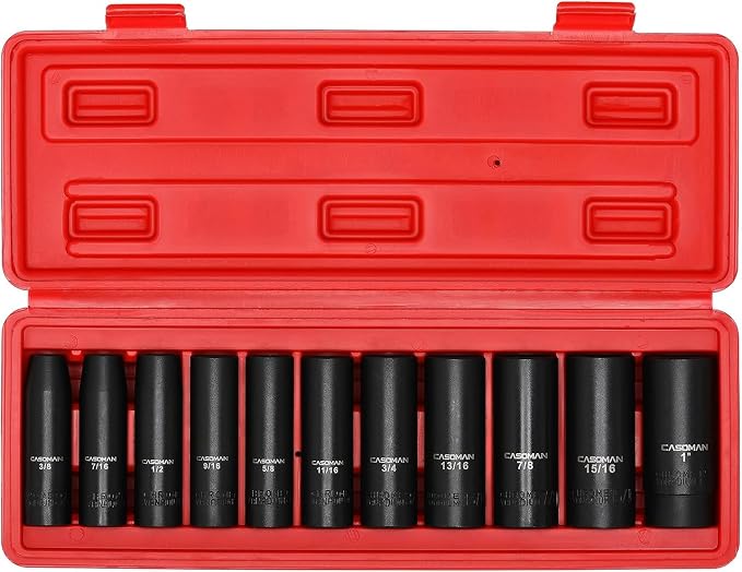 CASOMAN 11 Pieces 1/2-Inch Drive Deep Impact Socket Set, SAE, 6-Point, 3/8-Inch to 1-Inch