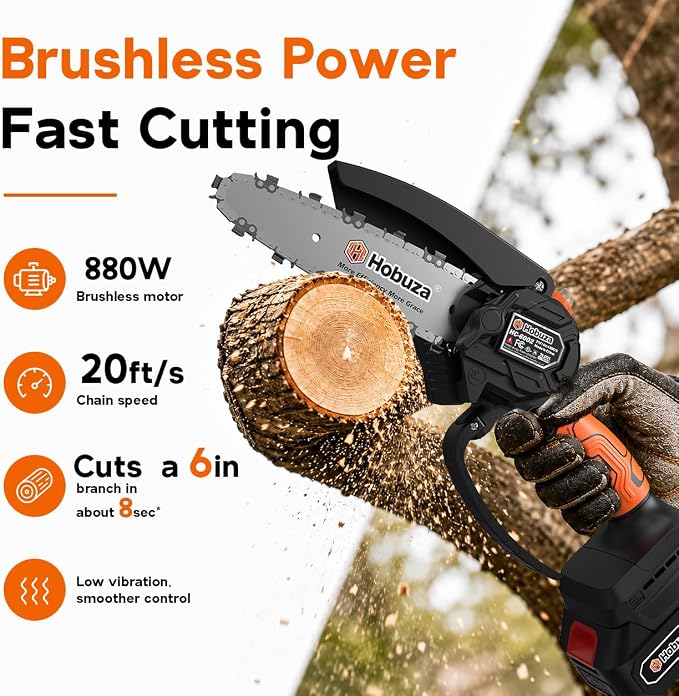 HOBUZA 6 Inch Brushless Mini Chainsaw, Lightweight One-Hand Saw for Pruning | 880W Brushless, Lightweight 1-Handed & Women-Friendly, 2x2.0Ah Batteries 4-6H Runtime, Auto Oiler, Safety Lock for Tree Work