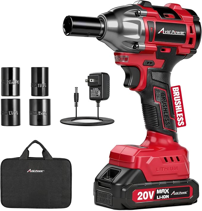 AVID POWER Cordless Impact Wrench/Gun Kit 1/2 inch Brushless Impact Drill | 332ft-lbs (450N.M), Battery, 2 Variable Speeds, 4 PCS Sockets, Charger, Tool bag for Tire Changes, Lug Nut & Bolts Removal
