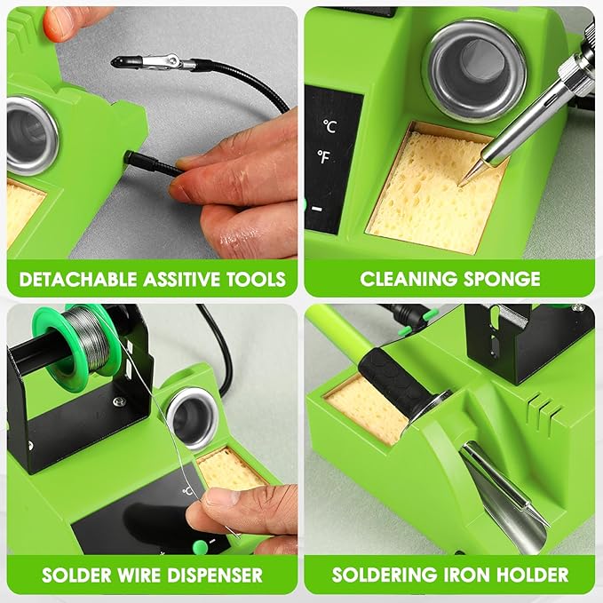 Soldering Station, 100W Digital Display Soldering Iron Station Kit with 2 Helping Hands, 356°F - 896°F, Auto Sleep, °C/°F Conversion, Solder Wire, Tips, Stand, Pump, Tweezers, Tip Cleaner, Green