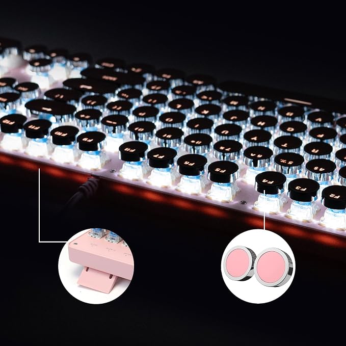 YSCP Typewriter Style Mechanical Gaming Keyboard White Backlit Wired with Blue Switch Retro Round Keycap 104 Keys Keyboard (Pink)