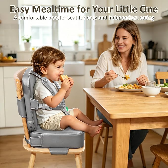 Toddler Booster Seat for Dining Table,Kitchen Chair Booster Cushion | Non-Slip Booster Seat with Backrest and 5 Piont Harness, PU Waterproof Travel Baby Booster Increasing Cushion