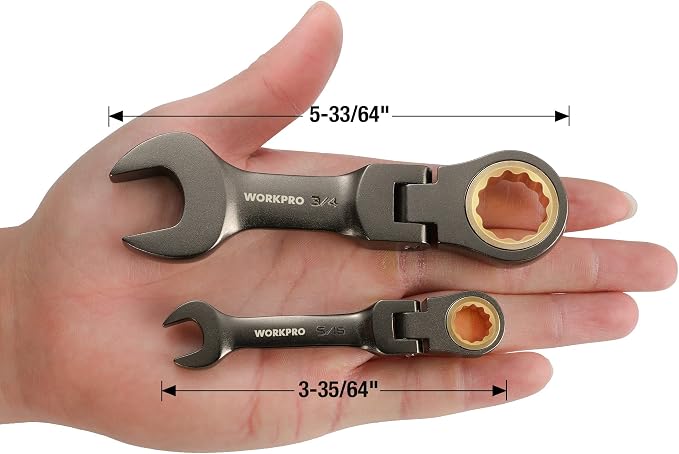 WORKPRO 8 Piece Flex Head Stubby Ratcheting Wrench Set, SAE 5/16-3/4 in | 72-tooth CR-V Wrenches with Nickel-plated Finish for Automotive, Garage and Home Repairs, Includes Rolling Pouch