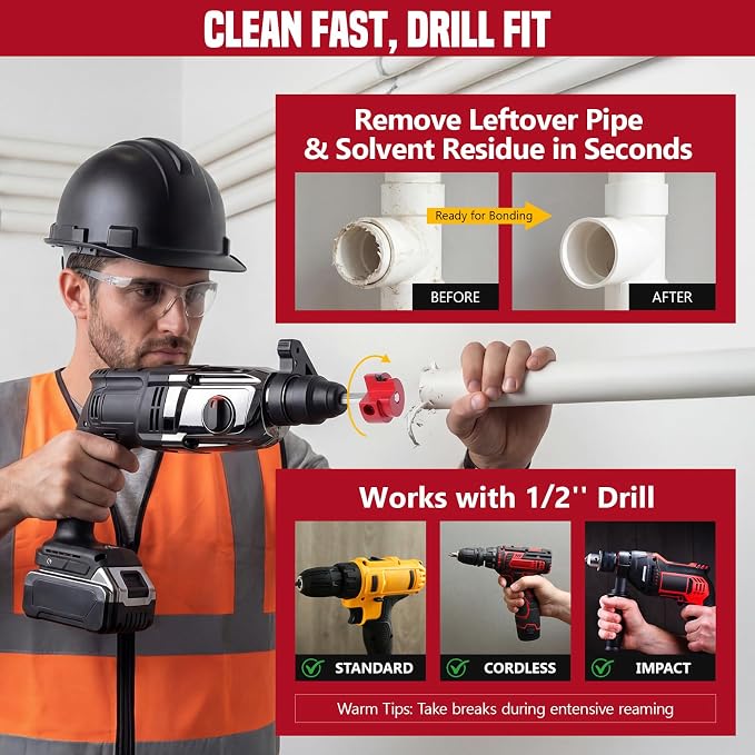 9Pcs PVC Pipe Reamer Kit, Durable Aluminum PVC Fitting Saver for Sch.40 CPVC, ABS, Lightweight Socket Saver Plumbing Tool Includes 1/2", 3/4", 1", 1-1/4", 1-1/2", 2", 2-1/2", 3", 4",1/2" Drill