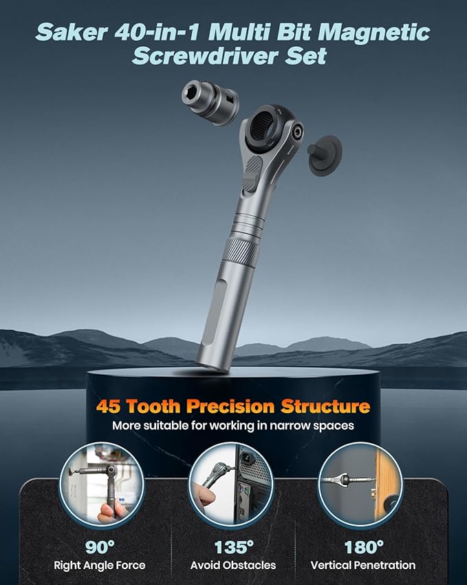 Saker Upgraded Magnetic Screwdriver Set: 40-in-1 Ratchet Screwdriver Tool Kit with 180° Ball-Joint Handle - Portable S2 Bits Precision Repair Tool Set for Computer Phone Watch Camera Bike