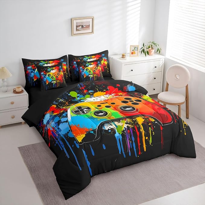 Erosebridal Gamer Queen Comforter Set with Sheets | Graffiti Tie Dye Game Consoles 7 Piece Bedding Set Gaming Bed in a Bag, Watercolor Abstract Art Room Decor
