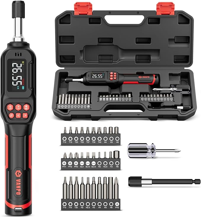 VANPO Digital Torque Screwdriver, 1.77-26.55 in.lb, ±2% Accuracy | 0.2-3Nm, 1/4" Inch Pound Torque Screwdriver Set with S2 Bits, LCD Display & Audible Buzzer & 4 Unit for Bike,Scope Mounting