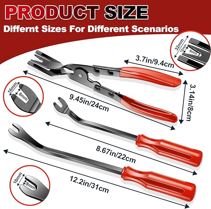 Keze 7 Pcs Auto Trim Removal Tool Kit for Car Panel Dashboard Door Clips and Upholstery with Plastic Pry Tool & Clip Pliers – No Scratch Design Professional Automotive Repair Tools Set, Red