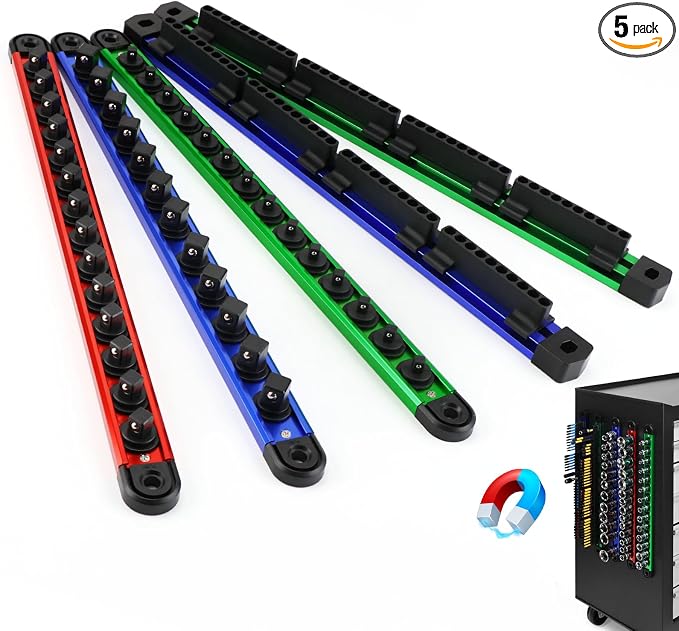 5-Piece Magnetic Socket & Bit Organizer Kit, 1/4" 3/8" 1/2" Heavy Duty Socket Holder Holds 40 Clips, Aluminum Sockets Rail for Tool Box Drawer, 1/4" Slidable Drill Bit Organizer Holds 80 Bits