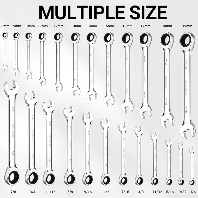 DEKOPRO 24-Piece Ratcheting Combination Wrench Set Metric 8-19mm & SAE 1/4"-7/8", Fixed-Head Ratchet Wrenches Set with Rack Organizer, Cr-V Steel 12 Point 72 Teeth