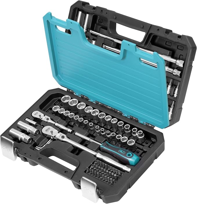 HB 101-Piece Socket Set AKX005-U, 90-Tooth Flex Head Ratchets 3/8"&1/4" Drive, Patented Non-Slip Metric SAE Sockets, Deep & Standard, Extension Bars, Bit Sockets, Rails, Case, Made in Taiwan