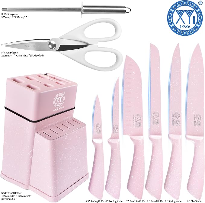 XYJ Knife Block Set, Pink Color, Stainless Steel Kitchen Knives With Knife Block Holder, Meat Cleaver, Professional Cooking Slicing Knife Kit for Master Chef, Kitchen Cutlery
